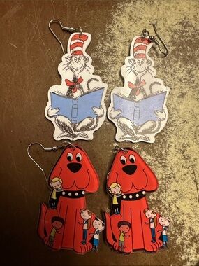 Novelty Cat in the Hat & Clifford Drop Earrings - Red and Blue